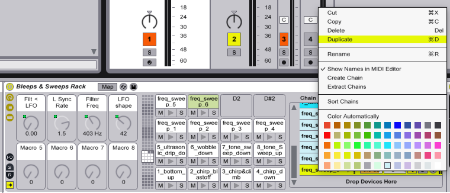 Duplicate the last chain in the rack, we're going to put a new sound on the D2 drum pad.