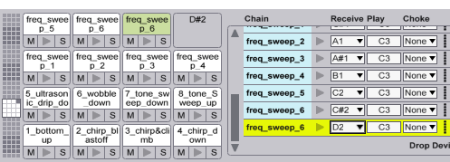 To see the MIDI note chooser, click the little IO button next to Macro5 on the drum rack.