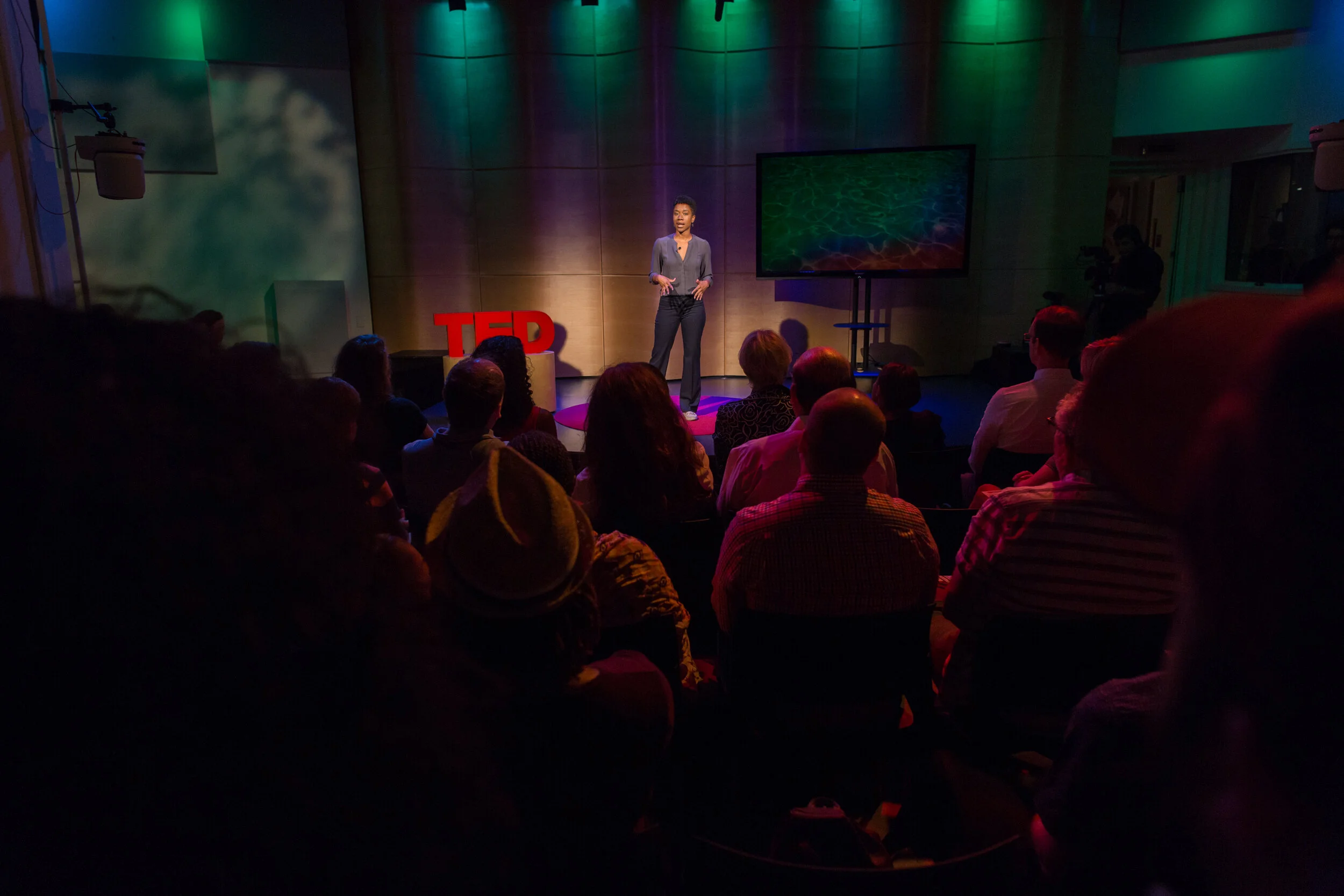 Piper is standing on a stage giving a TED Talk in front of an audience.