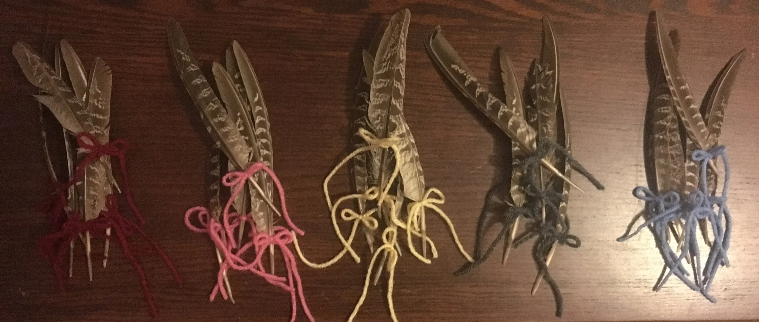 Five groups of pigeon feathers tied with colorful yarn in maroon, pink, yellow, gray, and blue.