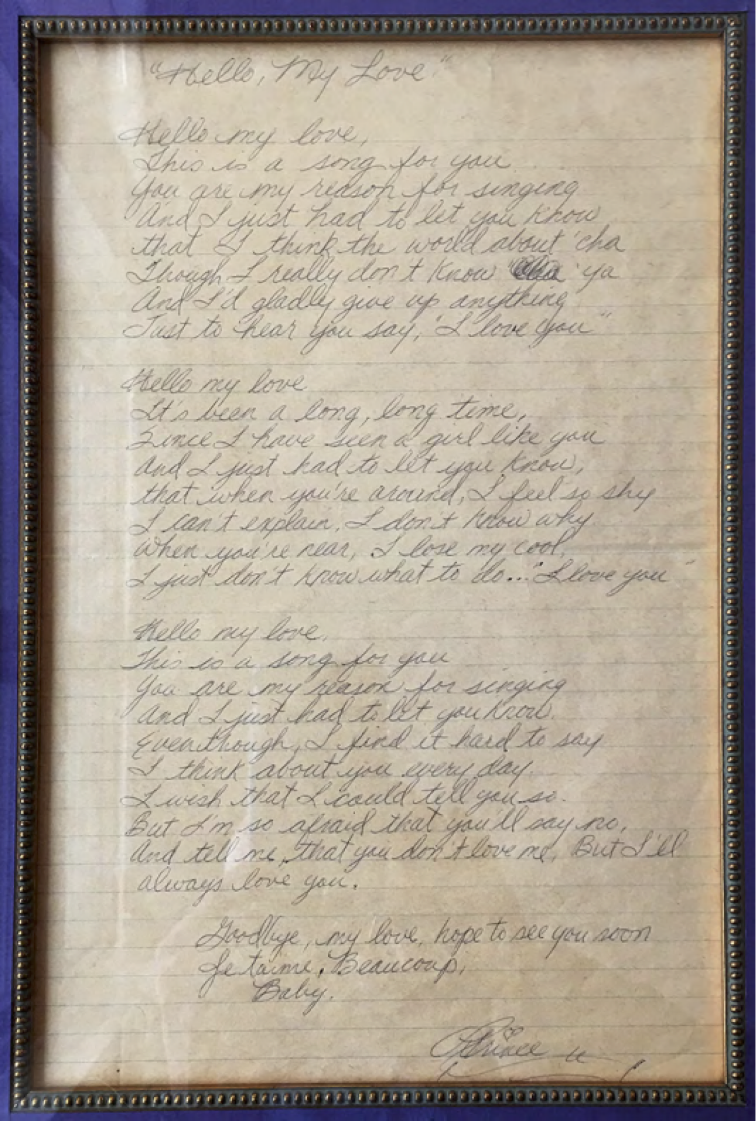 Hello, My Love lyrics written by Prince. Provided by Nancy Altman.