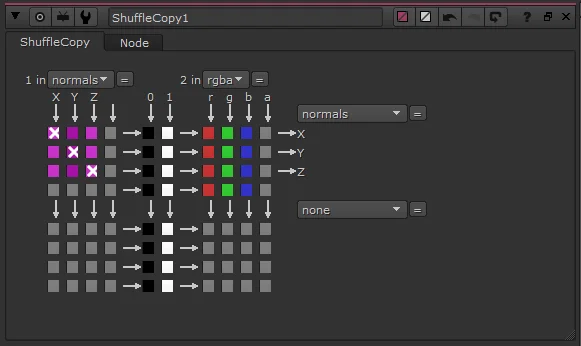 Shuffling the normal from input 1 to the normal pass of the output. RGBA channels remain unchanged.