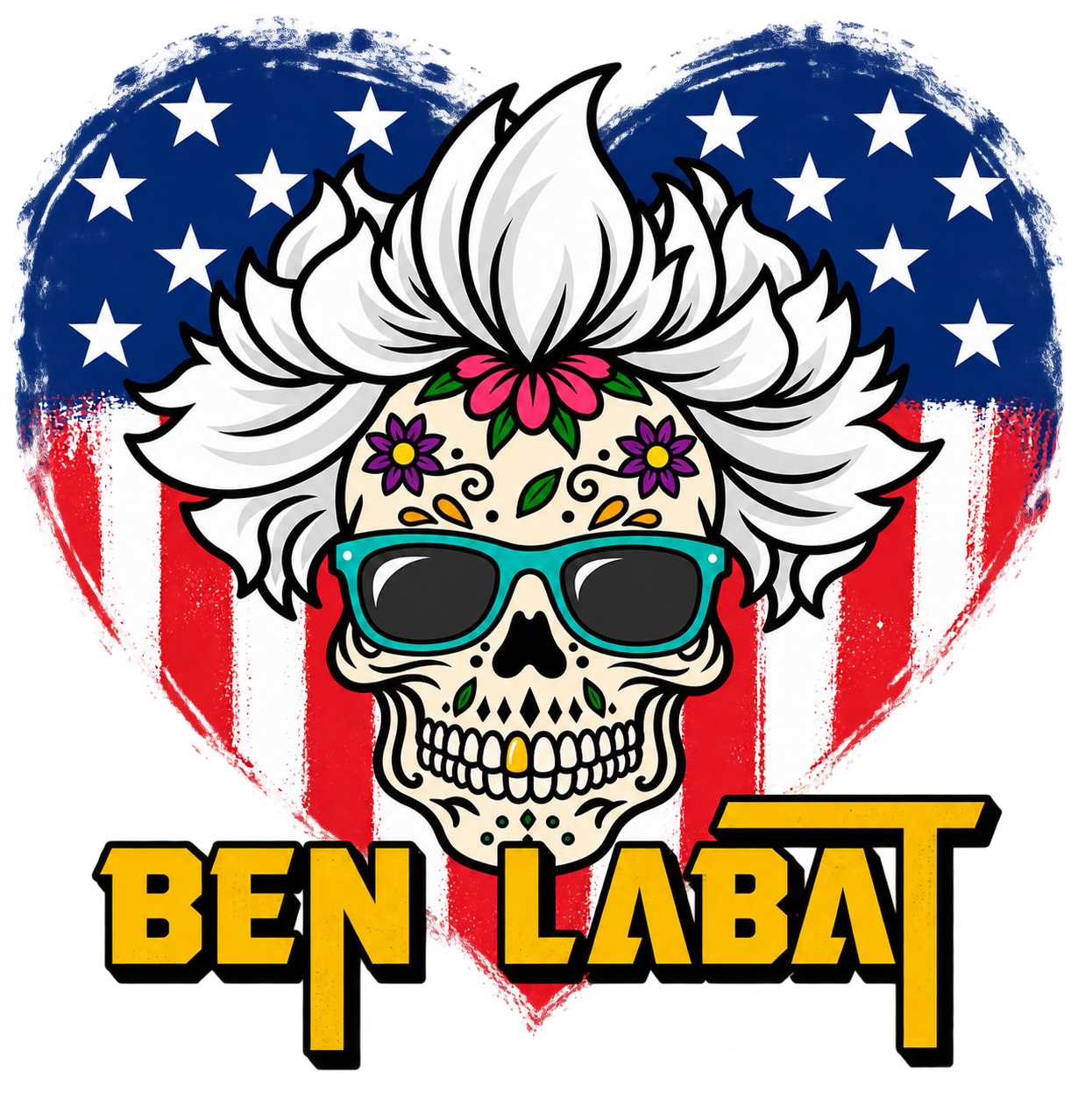 A colorful graphic featuring a skull with white hair, decorated with flowers on the forehead, wearing sunglasses, set against a background of a stylized American flag, and the text "Ben LabaT" at the bottom.