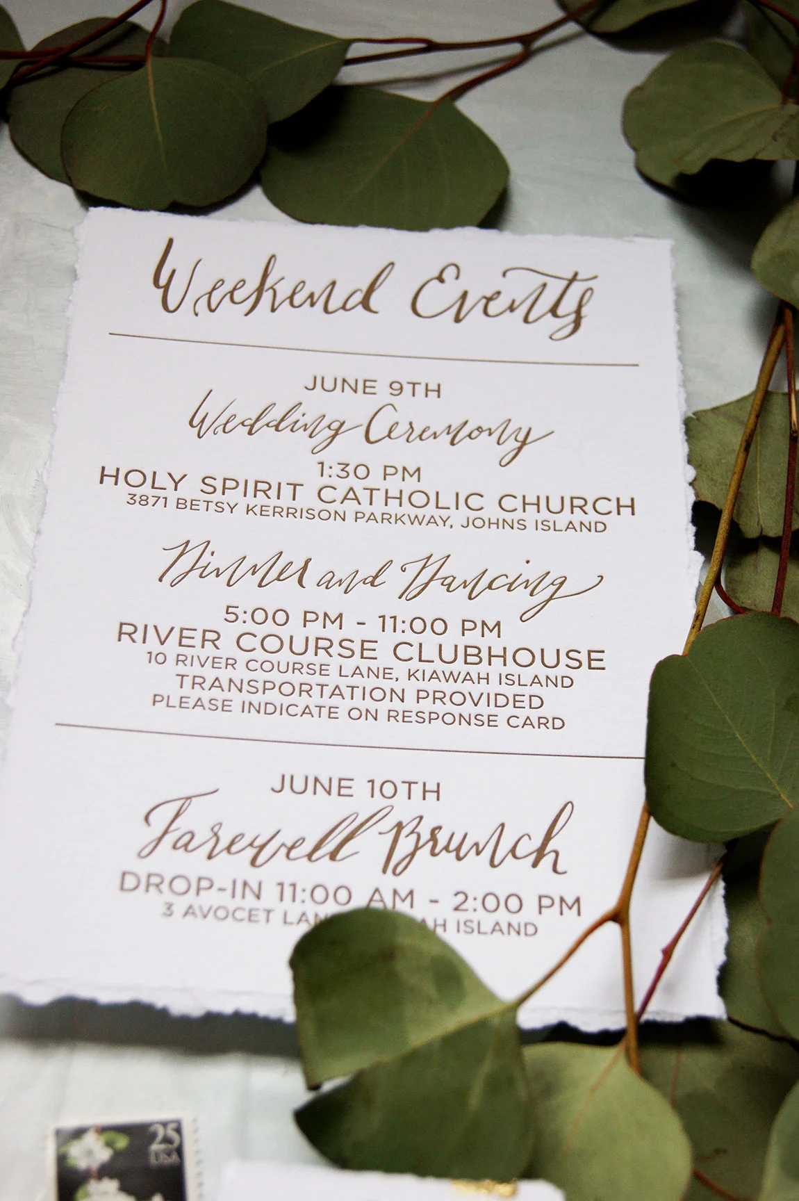 Kiawah Island Wedding Events Card