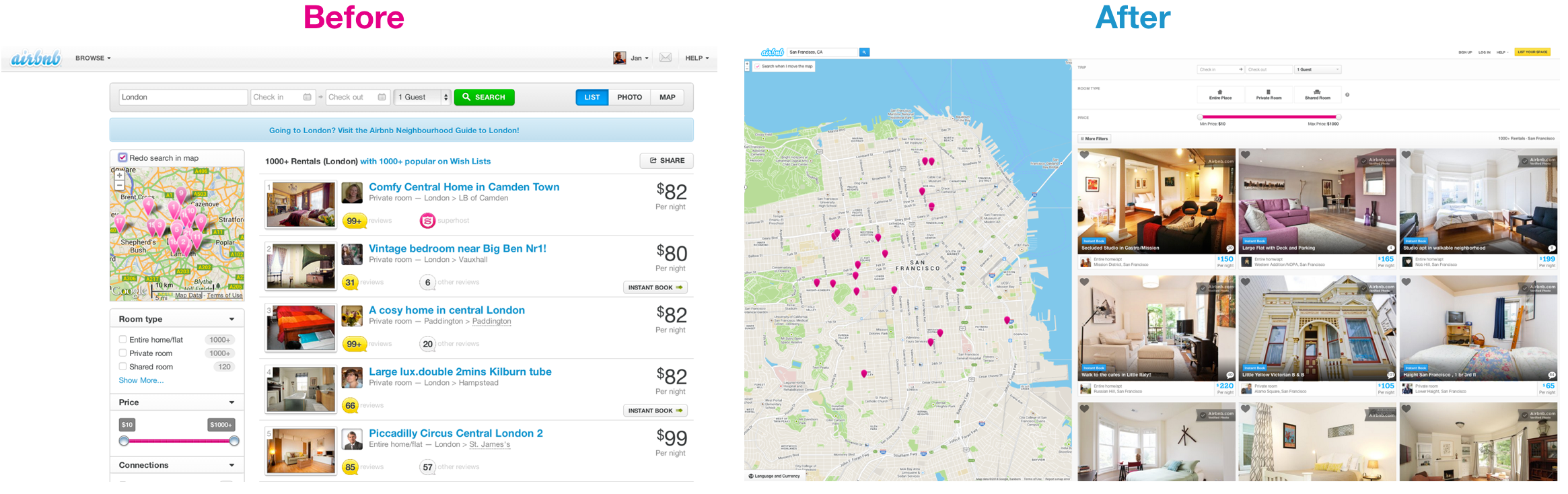 Before and after of Airbnb's website