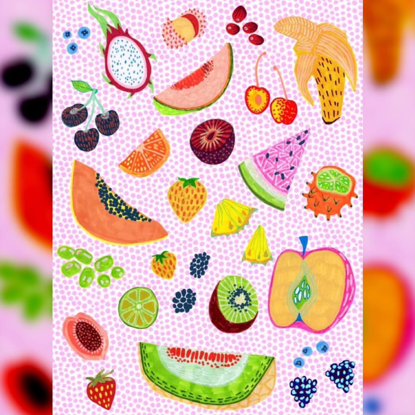 🍒$ummer Fr&ouml;&ouml;ts 🍉
.
.
#pink #draw #fruit #summer #hot #august #polkadots #juice #drawing #sketch #art #illustration #create #makeart #femaleartist #studio #banana #cherry #melon #apple #eat #snack #color #humpday