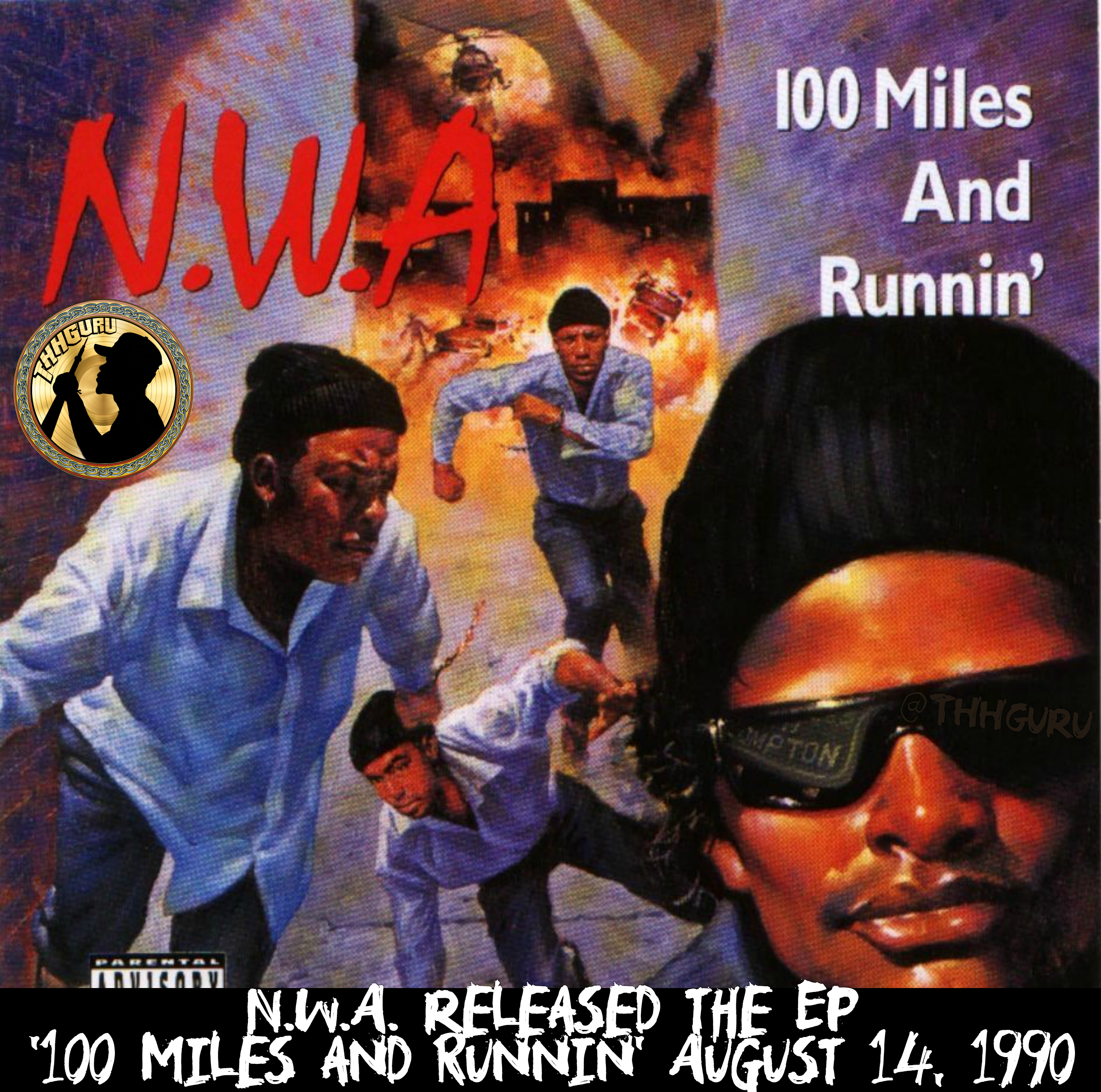 Prior to recording the EP, MC Ren, Dr. Dre, Eazy-E, & DJ Yella had signed a long-term contract with the Ruthless Records label to be an official "N.W.A." group for $75,000 USD for work on Straight Outta Compton, this EP, advance & for their future work for Niggaz4life. However, member and lead vocalist Ice Cube refused the contract's terms and consequently separated himself from the group, which kicked off his solo career. It is the first record the group released after he left. This EP contains negative references towards him. The title track "100 Miles and Runnin'" was the group's first track to gain radio airtime and appear on TV with its music video. Dr. Dre, who had just finished working with The D.O.C. and Above the Law, added atypical funky beats and the slow synth groove on "Just Don't Bite It". "Sa Prize, Pt. 2" is a sequel to the controversial "Fuck tha Police" from the Straight Outta Compton album. The group makes a number of references to Ice Cube. On the title track, Dre states: "It started with five but yo, one couldn't take it / So now there's four 'cause the fifth couldn't make it". In "Real Niggaz" he is likened to Benedict Arnold, the proverbial American traitor, and MC Ren says, "Only reason niggaz pick up your record is cause they thought it was us", referring to Ice Cube's first solo album AmeriKKKa's Most Wanted, which had been released earlier that year. Ice Cube responded to these attacks on Death Certificate (1991) on a song named "No Vaseline", which many thought won the battle. Three songs from the EP, "100 Miles and Runnin'", "Just Don't Bite It", and "Real Niggaz", were later released on N.W.A's Greatest Hits. "Real Niggaz" also appears on N.W.A's final studio album, Efil4zaggin, a year later; the 2003 remastered edition of the album appended the rest of the EP to the track listing. "Just Don't Bite It" was later sampled in Eazy-E's solo track "Gimme That Nutt" as well as Sublime's song "Let's Go Get Stoned." - Via Wikipedia 