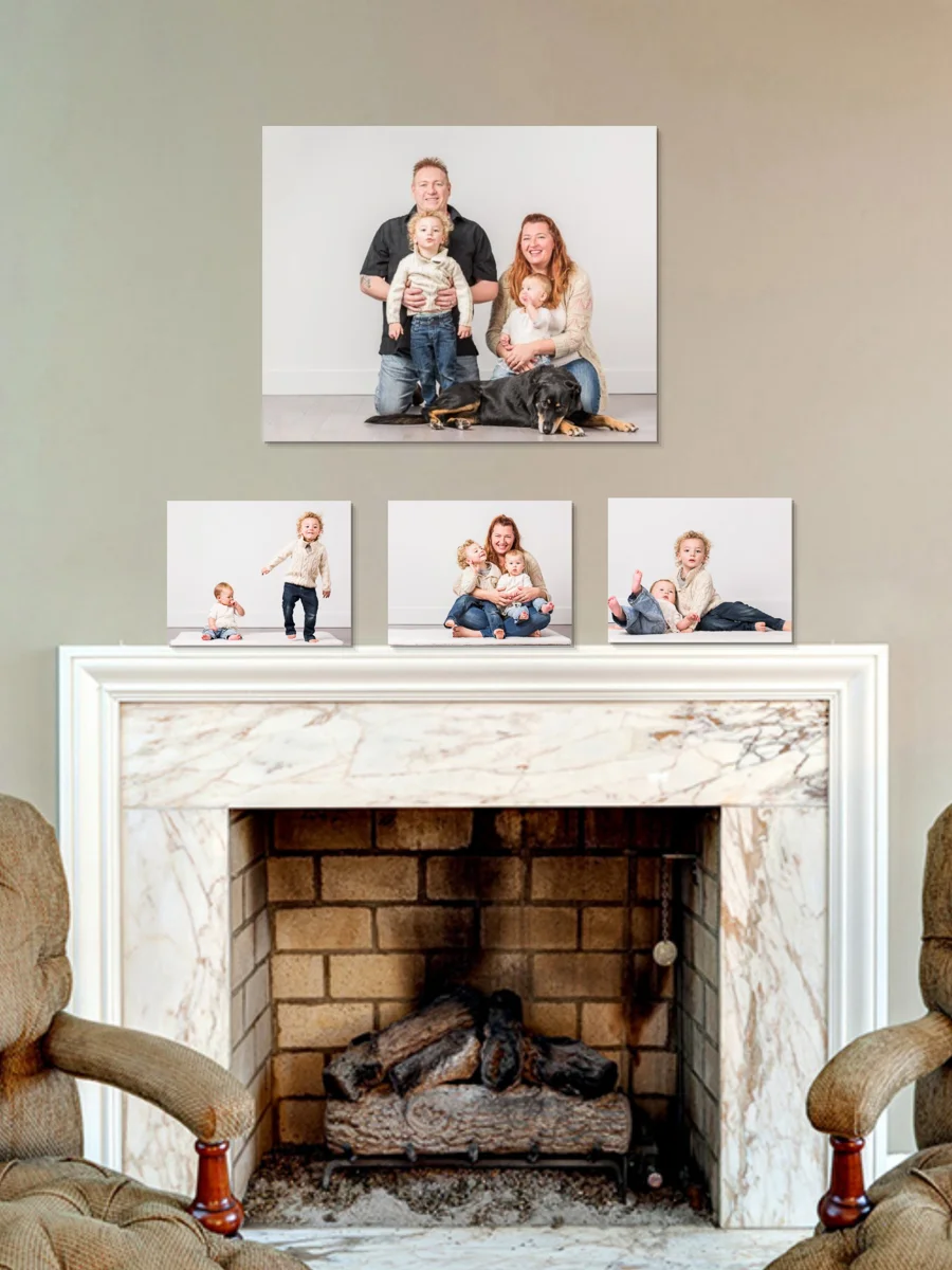 Centrepiece - 24”x30” family portrait is appropriately sized for the mantle, and a smaller grouping of 11”x14” fun moments from the photoshoot help complete the story.