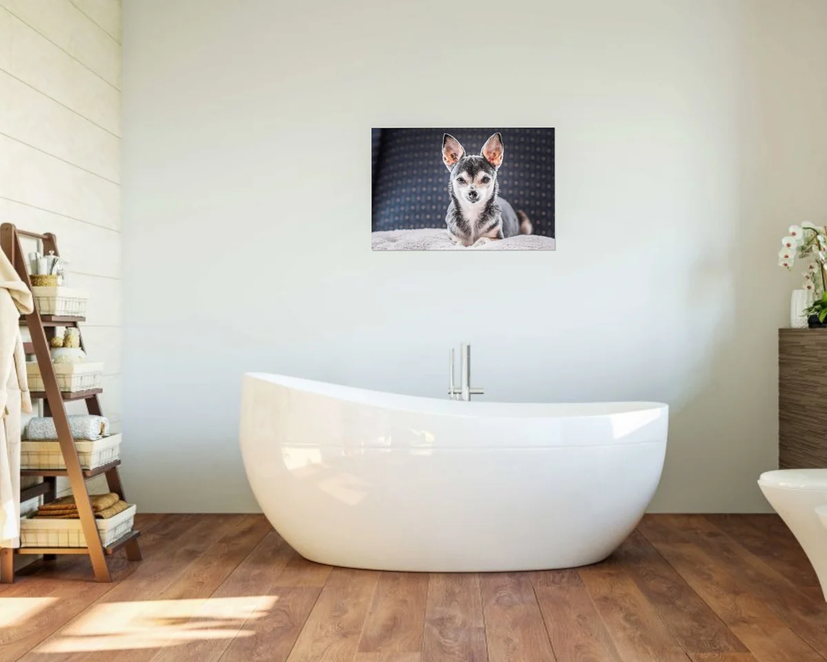 A metal wall portrait of your bestie - in the bathroom. 20”x30” piece.