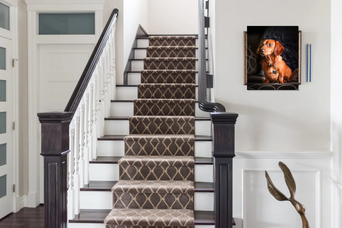 Software design of the wall portrait - shows us what it will look like in this size, and on this wall. Client and I are satisfied this is the right portrait for this space, the right size, and it will fit nicely with their interior. The little pop of colour works, and the subtle pattern in the portrait plays off the staircase runner pattern.