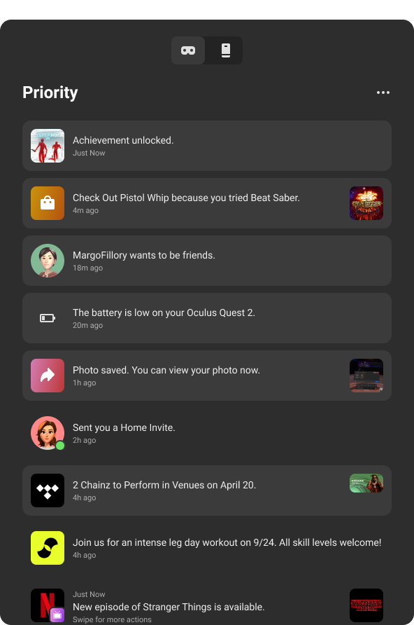 Oculus App Notifications Platforms allow VR developers to engage and retain their user base by sending notifications to their Oculus mobile app and VR headset.
