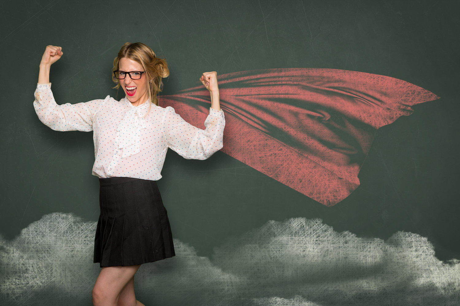 Nerdy teacher showing strength determination education pride will power learning teaching intelligence superhero