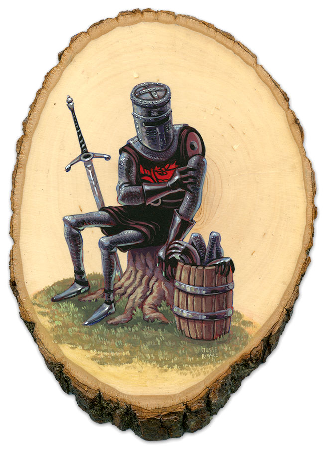 Crazy 4 Cult 9 opened @g1988 this weekend. I made this painting for the show of the Black Knight from Monty Python and the Holy Grail. He is re-attaching limbs post flesh wounds. What a guy! Check out the rest of the show, tons of awesome work! http://nineteeneightyeight.com/collections/crazy-4-cult-9