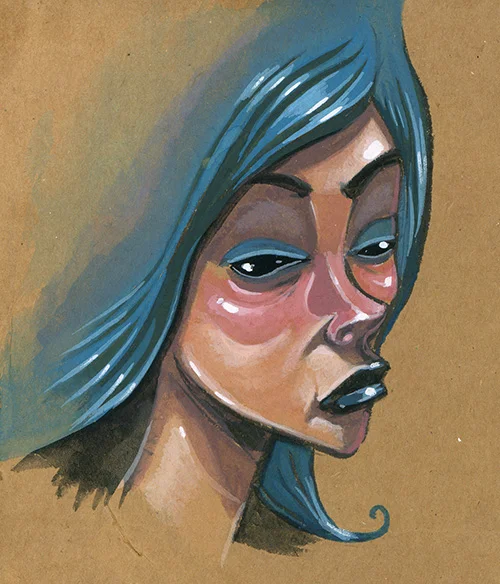 I used to paint on cardboard a lot, but it’s been a while. I doodled this face on a chunk sitting around so I decided to paint it up. Gouache, brush pen and cardboard, good times.