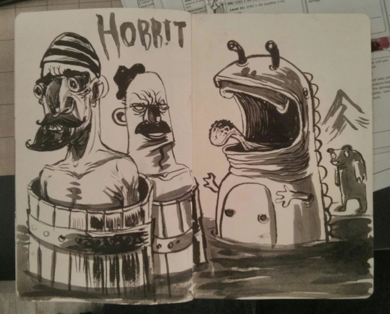 I call this a hobbit drawing. That’s Oin and Gloin in their barrels as smaug (now a toothless sea monster) attacks and Bjorn, the werebear watches the action.