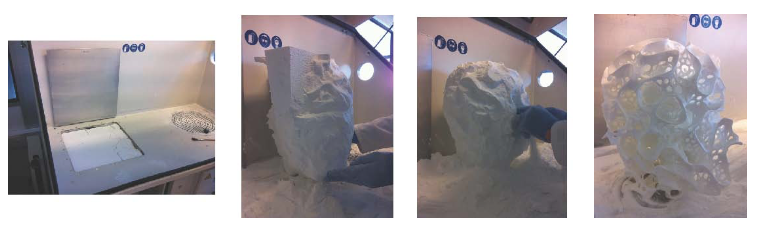 Stages of the 3D Printing Process. Stripping Away of Extraneous Nylon Powder to Reveal the Printed Nylon Head