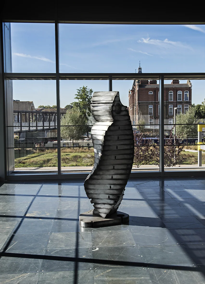 Twister, 2017. 220 cm tall: Fabricated Aluminium: Here East Gallery, Queen Elizabeth Olympic Park, Stratford, London.