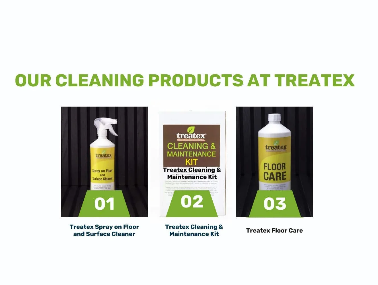Treatex cleaning product range including floor and surface cleaner, maintenance kit and floor care