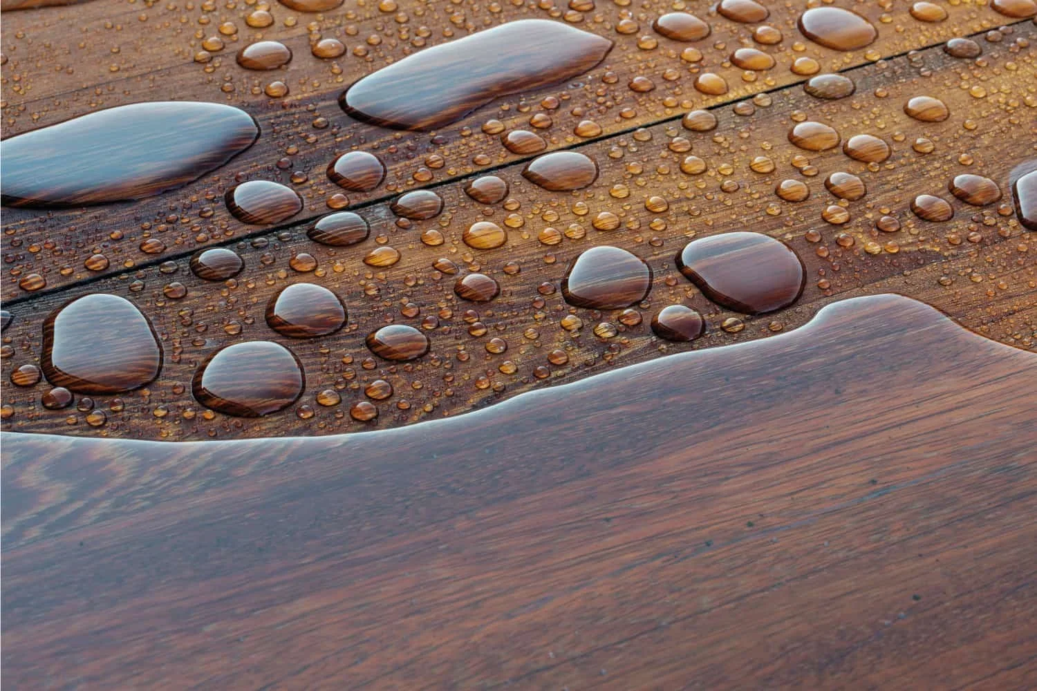 Close-up of water beading on oiled exterior wood surface showing moisture resistance