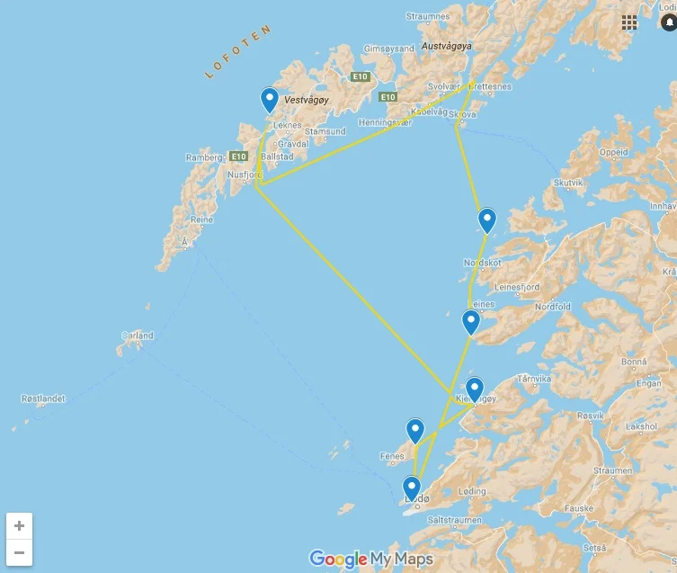 Narwhal's expedition route showing the beaches that the crew cleaned of beach litter