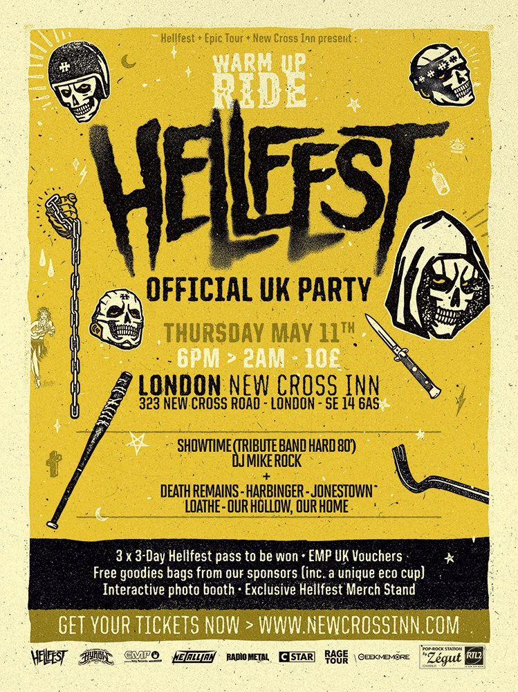 The UK will be treated to a special HELLFEST warm-up show taking place at the New Cross Inn on 11 May 2017. Featuring exciting up-and-coming bands from the UK, the line-up consists of London metallers DEATH REMAINS , Southampton melodic metalcore band OUR HOLLOW, OUR HOME , tech-death mavericks HARBINGER , Brighton no-nonsense metal troupe JONESTOWN and conceptual math wizards LOATHE . The night will also feature guest appearances from SHOWTIME (the HELLFEST house rock band) and DJ MIKE ROCK which will continue until 2am. The HELLFEST crew will give all attendees the opportunity to win numerous gifts including: - 3x 3 Day HELLFEST Passes to be won - EMP UK Vouchers - Free goodie bags from the sponsors - Interactive photo booth - Exclusive HELLFEST Merch Stand Get your tickets now: http://www.newcrossinn.com/event/warm-up-ride-hellfest-2k17-london-new-cross-inn/ More information: https://www.facebook.com/events/247029809062519/ http:// www.facebook.com/mikerockofficial http://www.facebook.com/showtime.hardrocktribute/ http://www.musicglue.com/death-remains http://www.harbingeruktm.bigcartel.com/ http://www.jonestown.uk/ http://loatheasone.com/ http://www.ourhollowourhome.com/ New Cross Inn location: 323 NEW CROSS ROAD LONDON SE14 6AS 