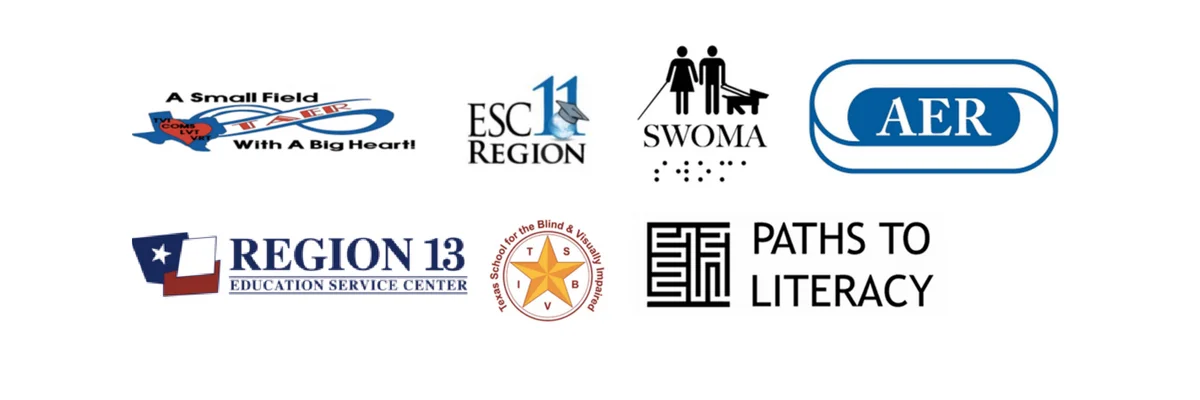 Media Logos: TAER, ESC Region 11, SWOMA, AER International, Region 13, Paths to Literacy