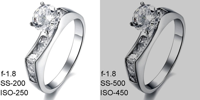 Example images illustrating the change in appearance using the F-stop, Shutter speed, and ISO settings shown.