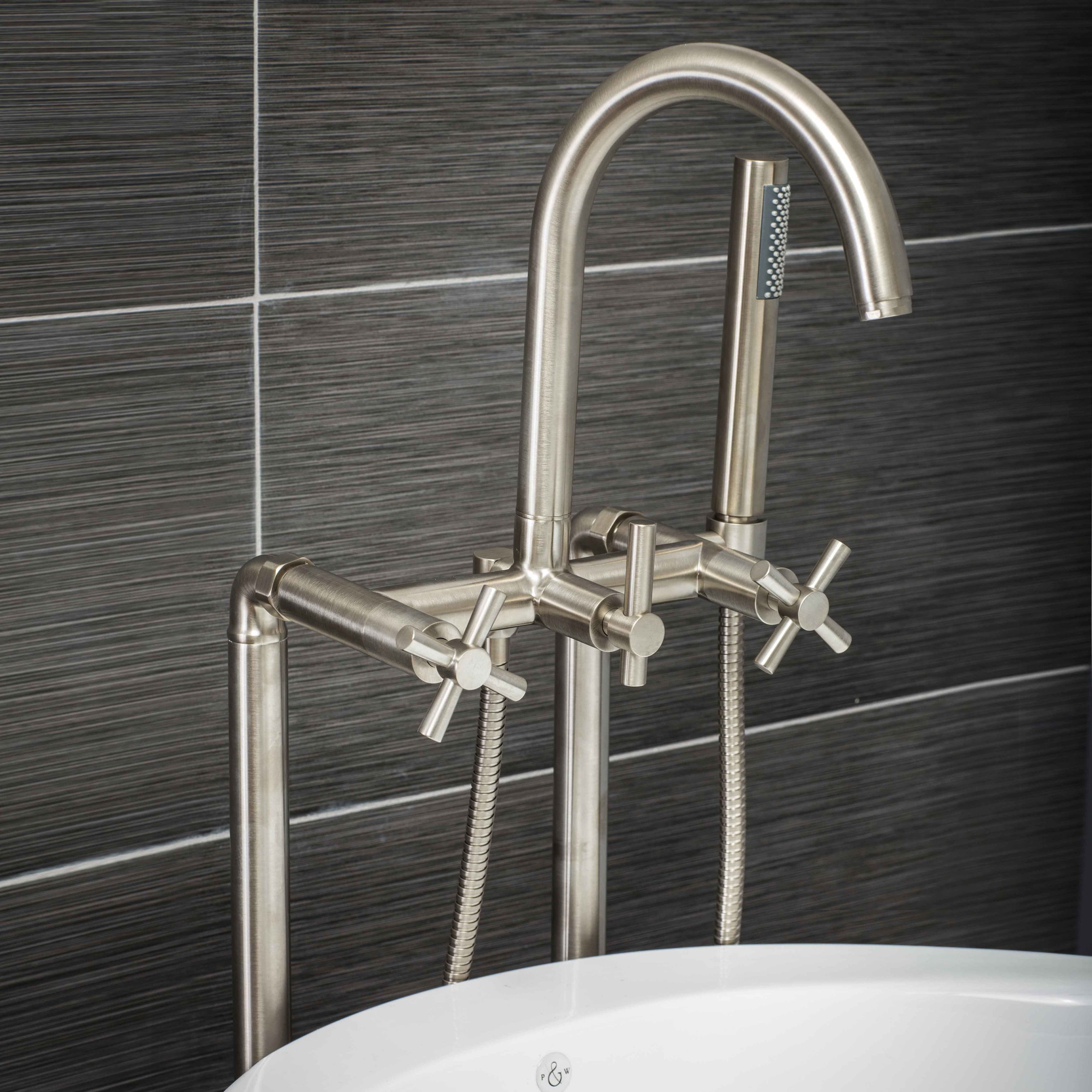 Contemporary Floor Mount Tub Filler Faucet In Brushed Nickel With