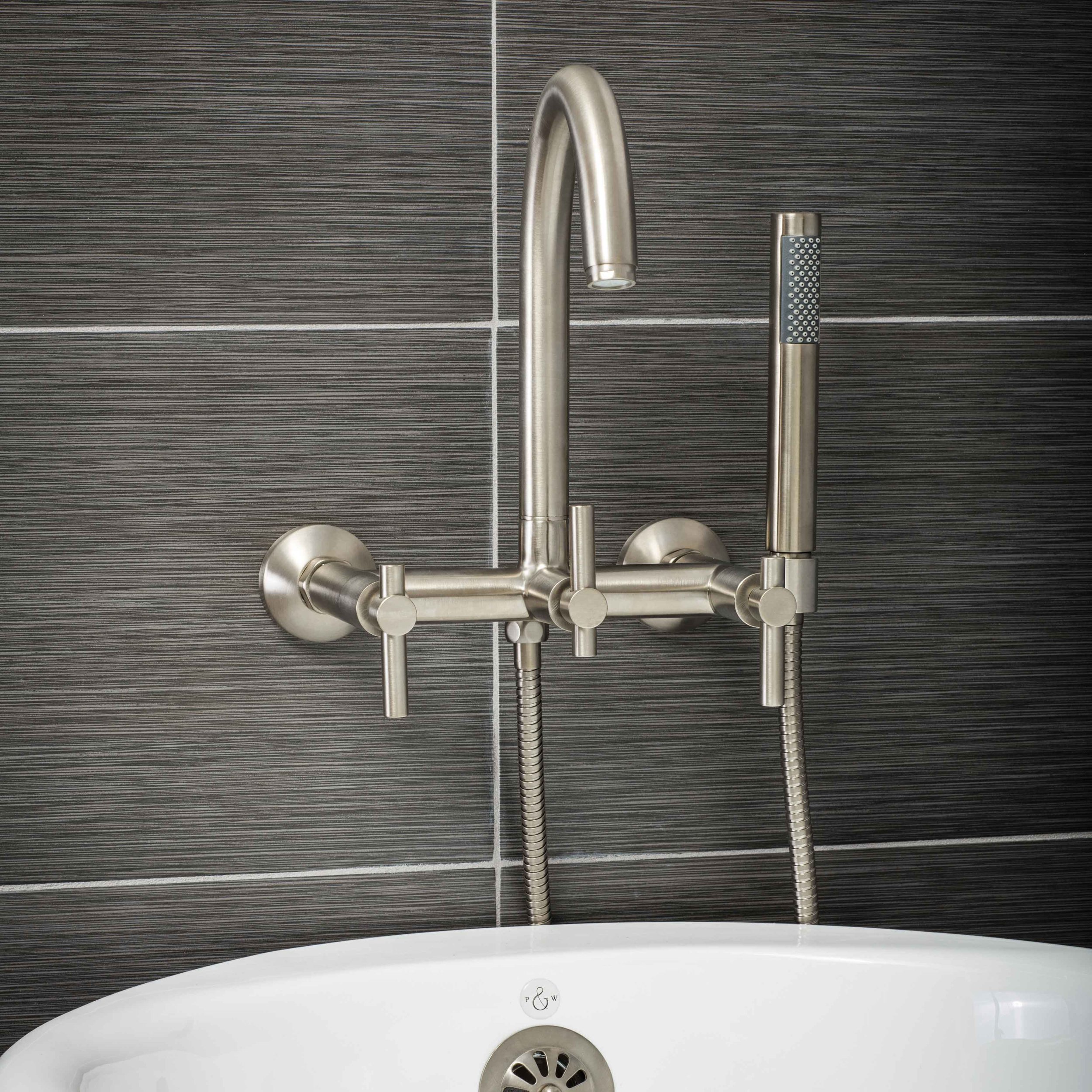 Contemporary Wall Mount Tub Filler Faucet in Brushed Nickel with Levers —  Pelham and White