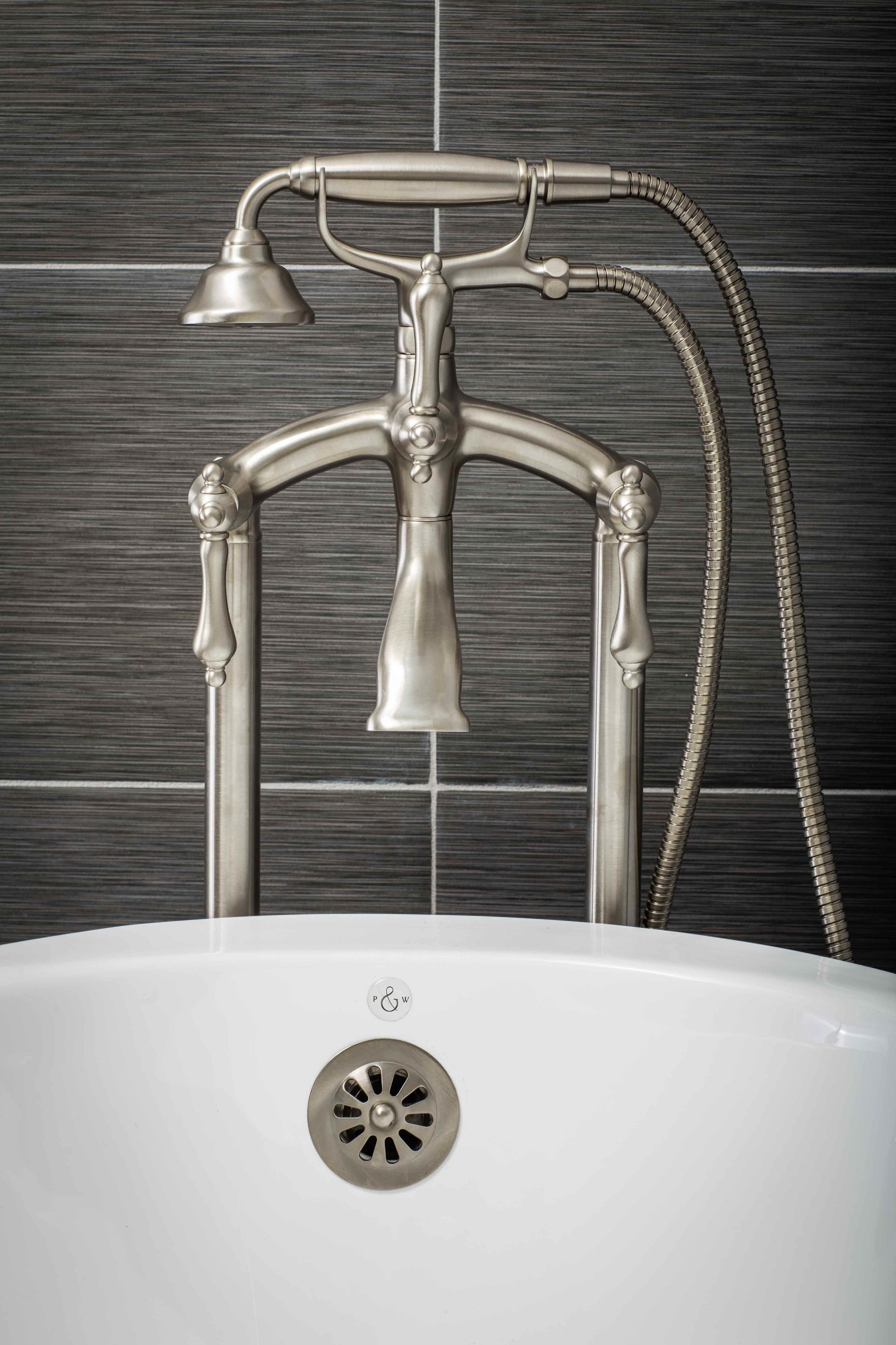 Vintage Floor Mount Tub Filler Faucet in Brushed Nickel with Levers