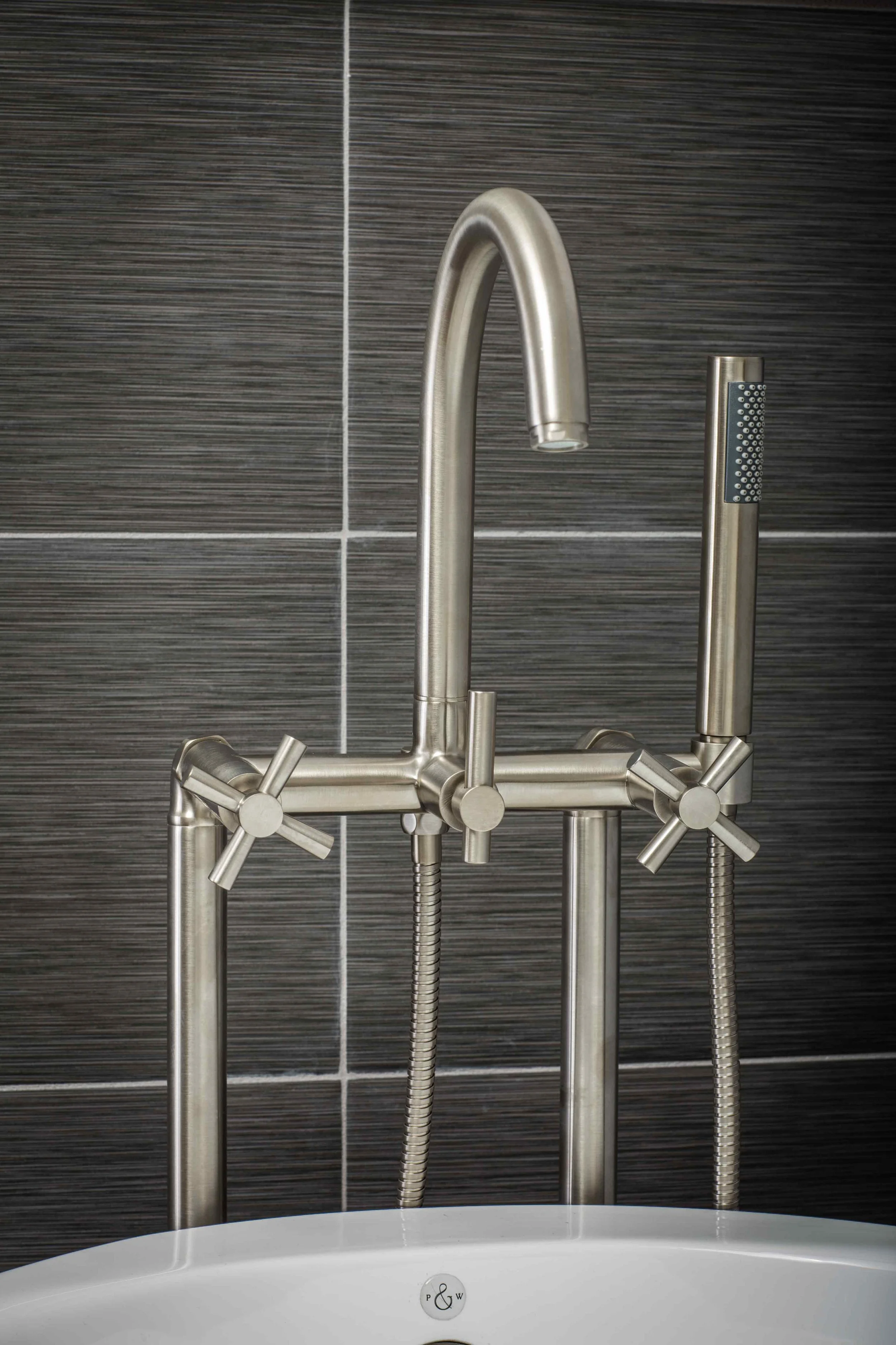 Contemporary Floor Mount Tub Filler Faucet in Brushed Nickel with Cross