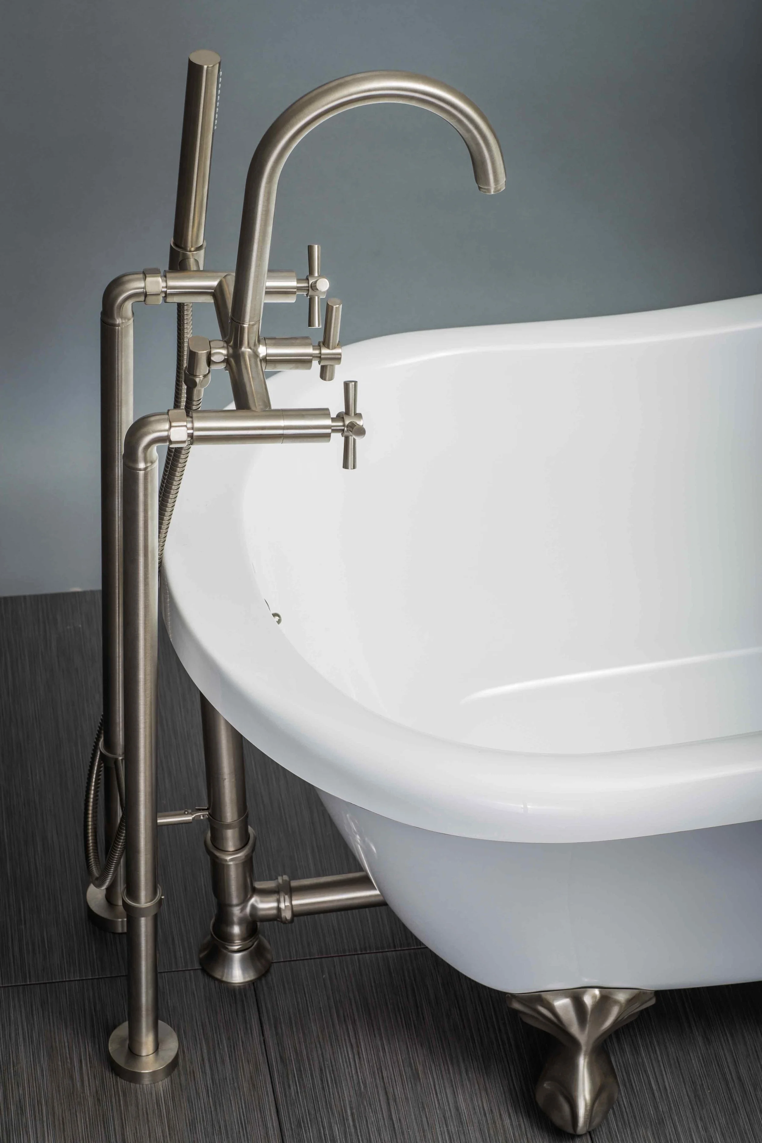 Contemporary Floor Mount Tub Filler Faucet in Brushed Nickel with Cross