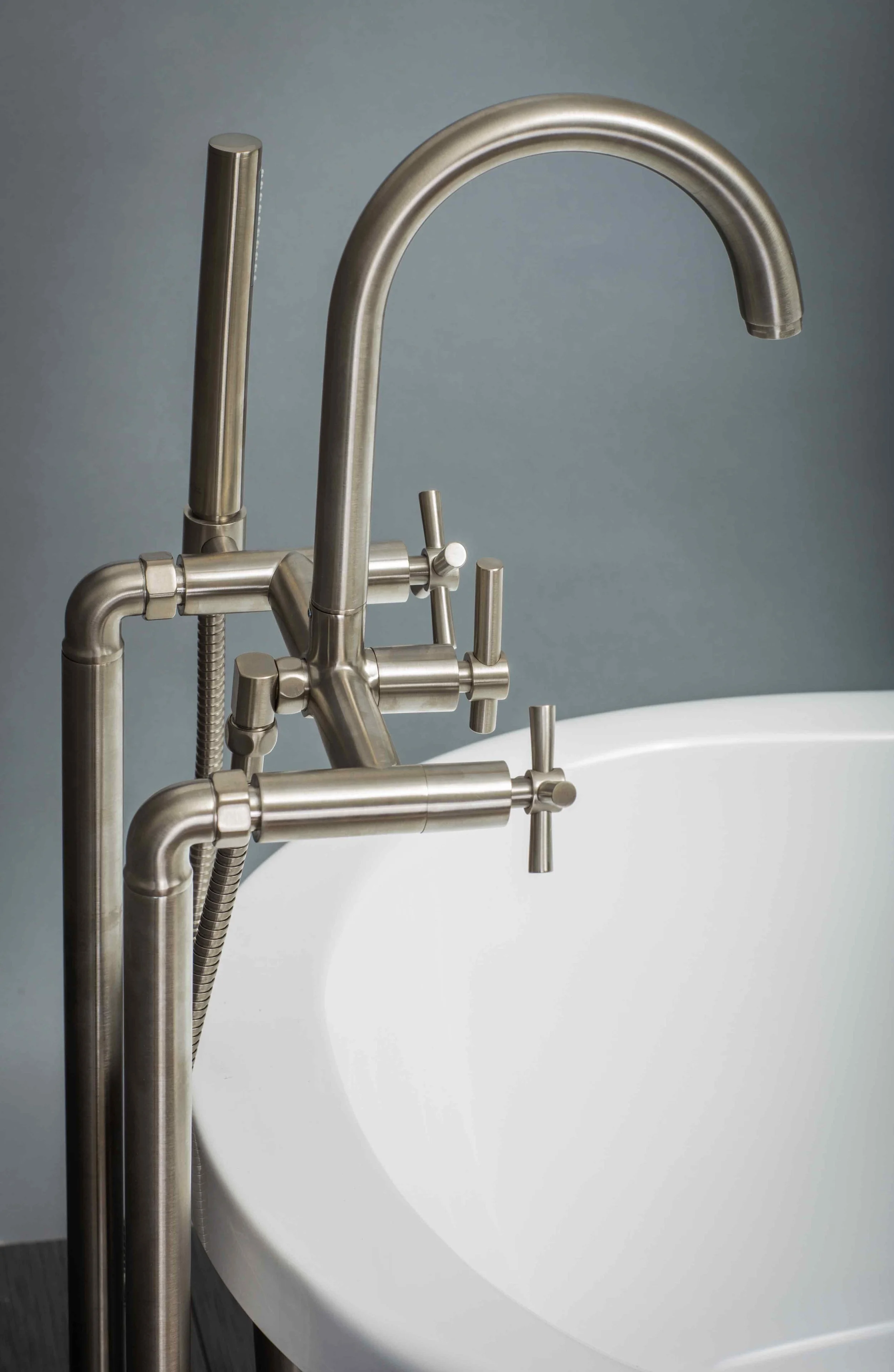 Contemporary Floor Mount Tub Filler Faucet in Brushed Nickel with Cross
