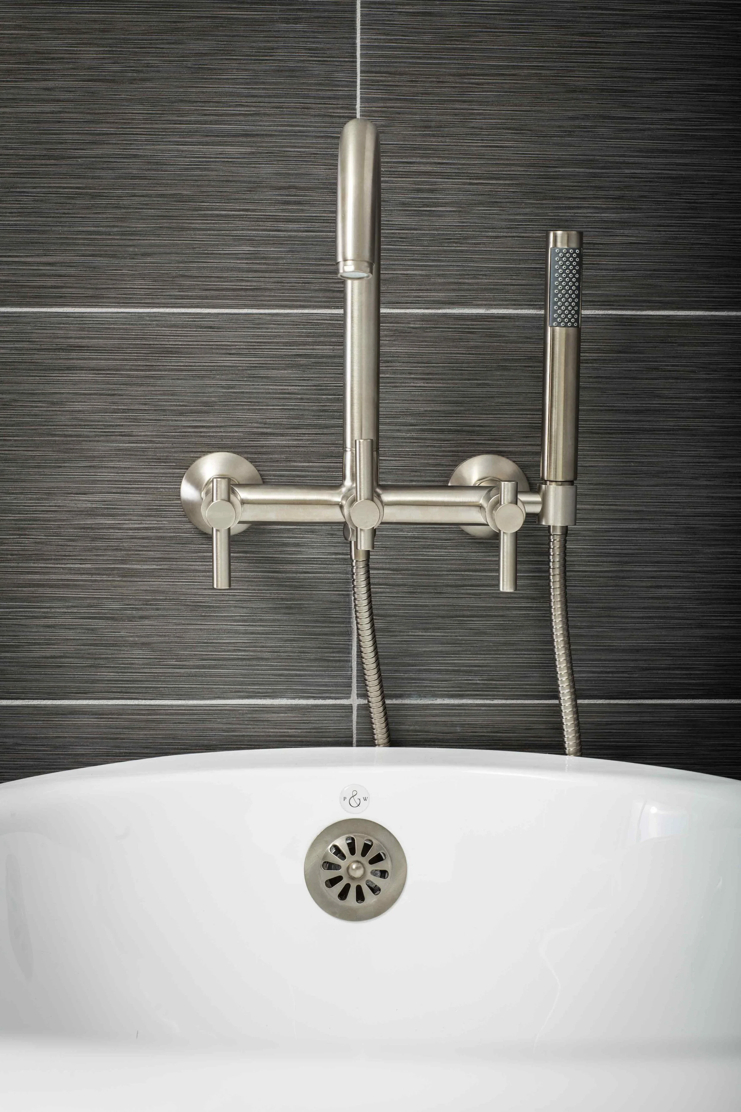 Contemporary Wall Mount Tub Filler Faucet in Brushed Nickel with Levers