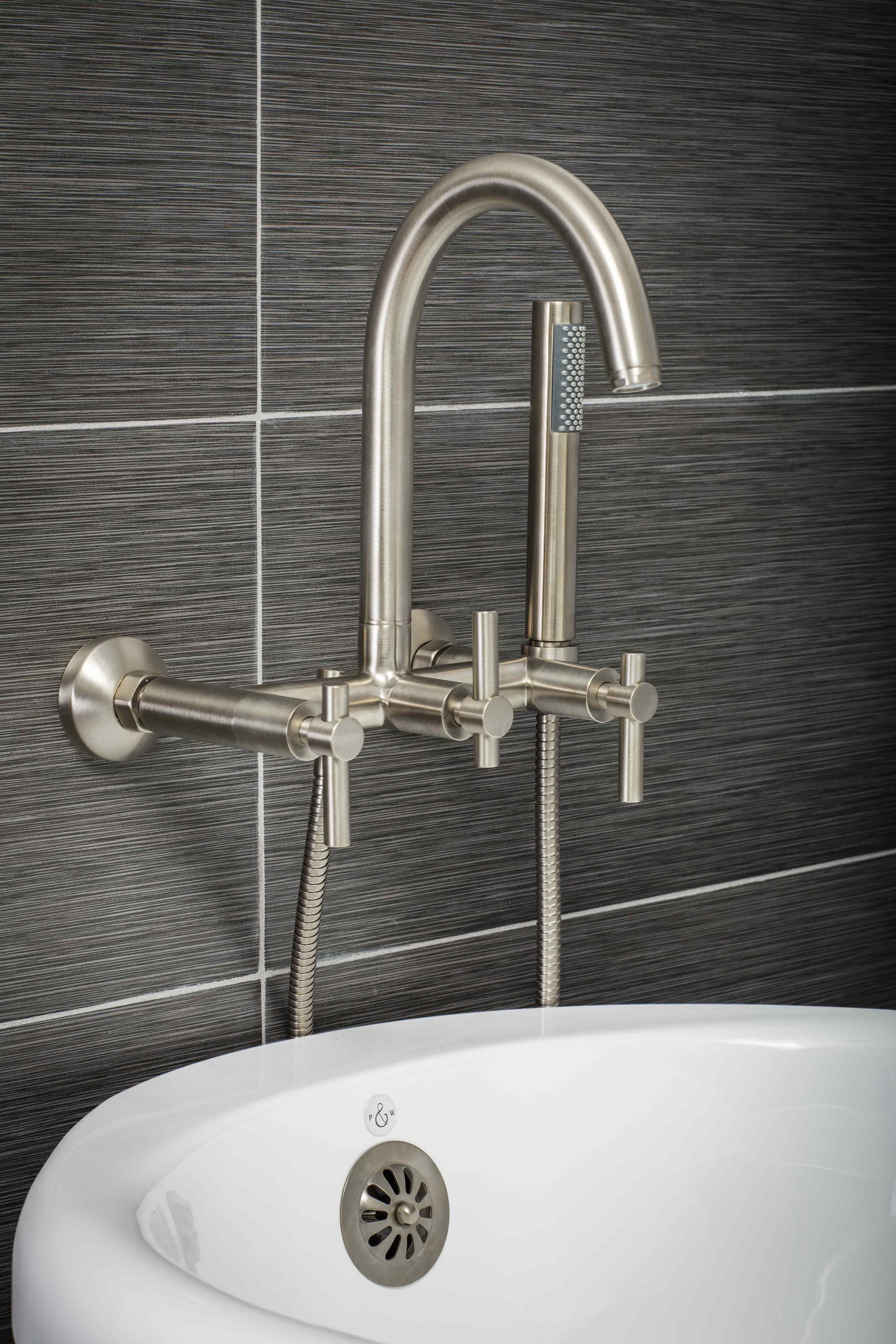Contemporary Wall Mount Tub Filler Faucet in Brushed Nickel with Levers