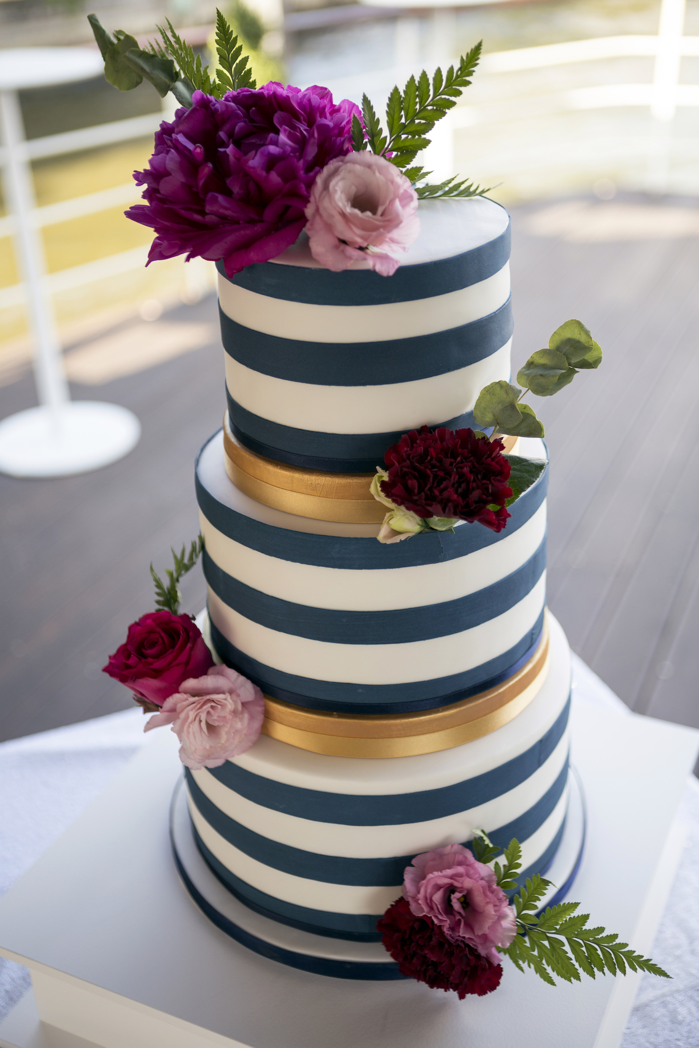 Navy &amp; white stripe wedding cake 