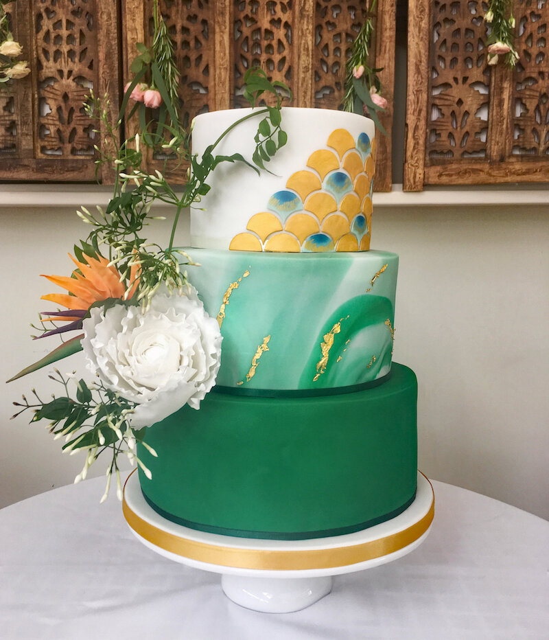 Green peacock fondant wedding cake