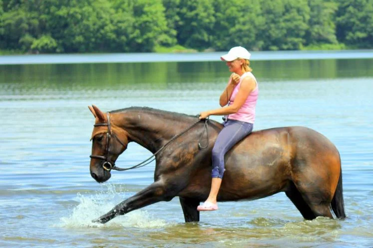 Helene Gregory & her trotter Jambalayabar Man (JB) cooling off in the lake.
