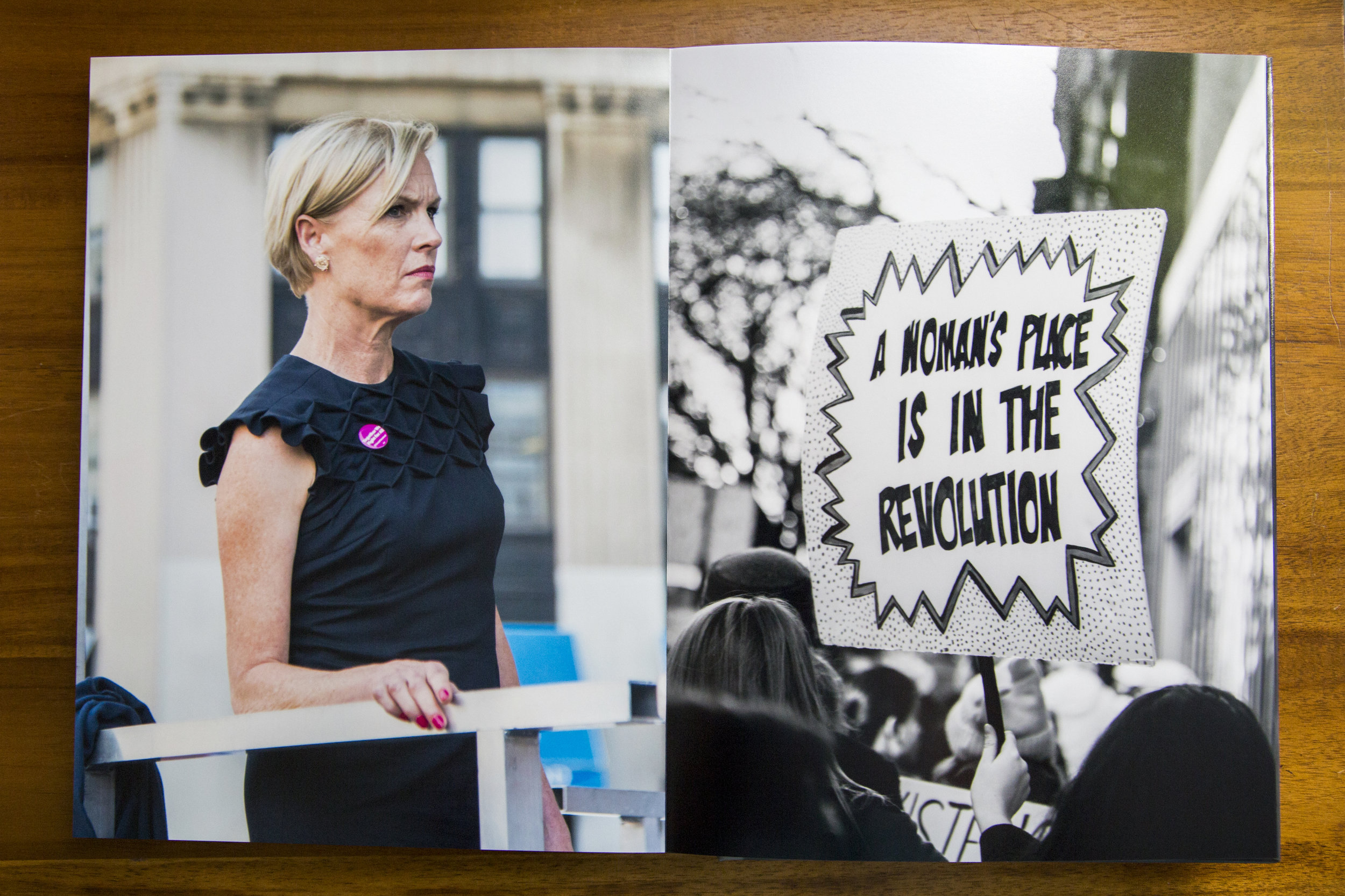 Right:&nbsp;Cecile Richards, President of Planned Parenthood, is photographed moments before approaching the podium at the May Day rally in Lower Manhattan. New York, 2017Left: “A Woman’s Place is in the Revolution” handmade protest sign at the Wome…