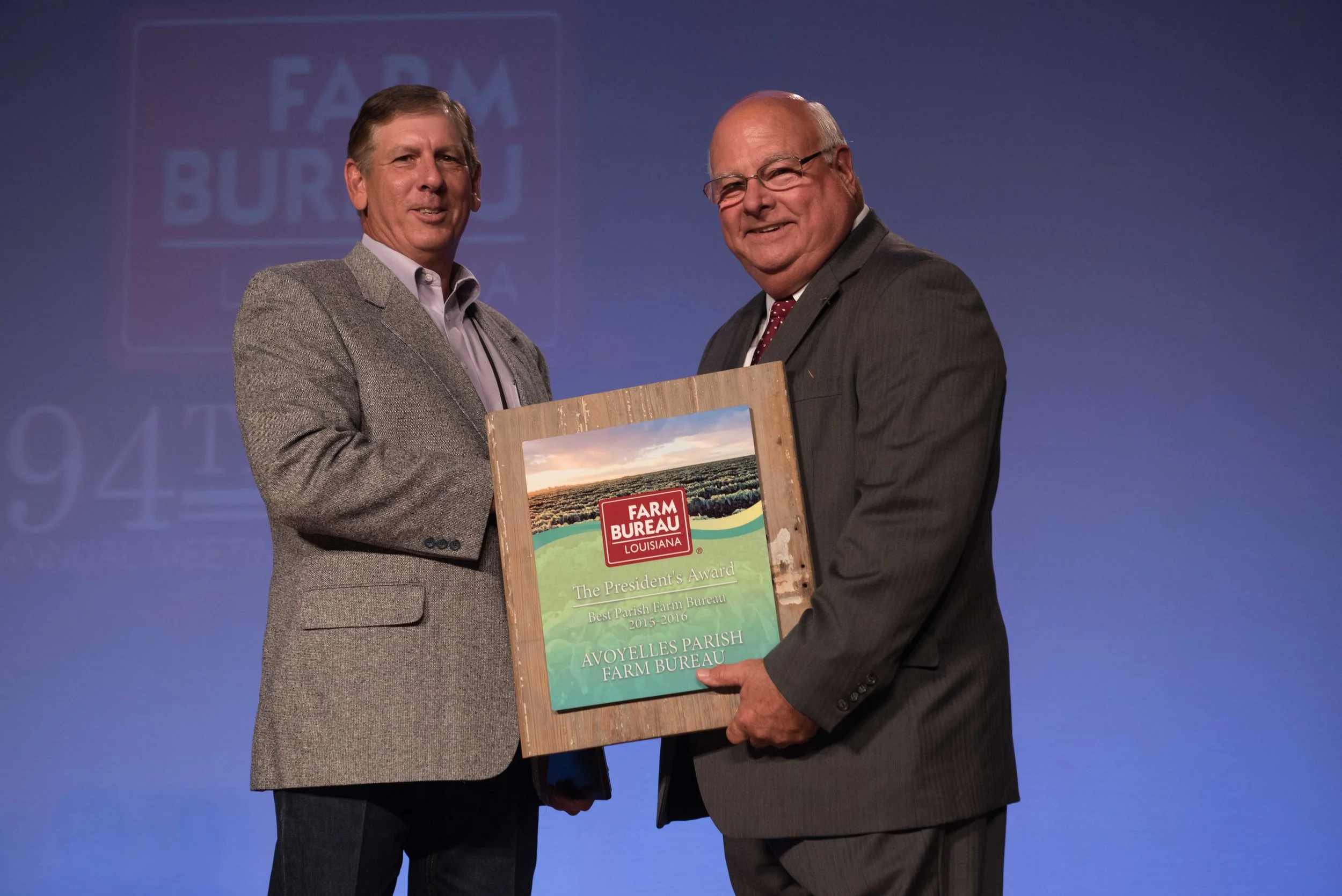 Phillip Lemartiniere, left, president of Avoyelles Parish, accepts the 2016 President's Trophy from Louisiana Farm Bureau President Ronnie Anderson, right. Avoyelles Parish has won the top honor given out by the Louisiana Farm Bureau for an unp…