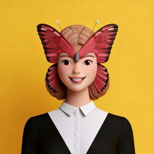 Lady with butterfly wings around her fave, smiling in a robotic way, on a yellow background