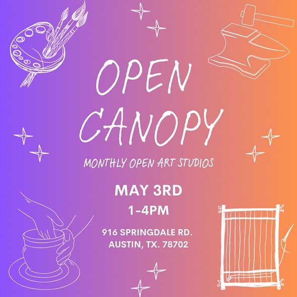 Get ready for the next Open Canopy! 🎨 Celebrate the local art scene at Canopy every first Saturday of the month from 1&ndash;4 PM at 916 Springdale Rd✨

Experience an afternoon of local art and creativity &mdash; tour art galleries and dozens of pri