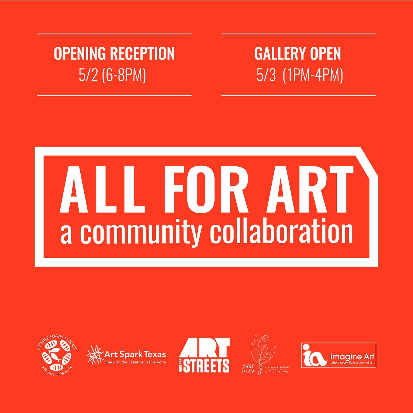 ALL FOR ART 🖼️ Join us at @artfromthestreetsaustin on May 2nd from 6-9pm for a collaborative art show with six local non profits serving communities in Austin:

@sagestudioatx 💞 
@artsparktx ✨ 
@imagineart_atx 🎨 
@artfromthestreetsaustin 🖼️ 
@mob