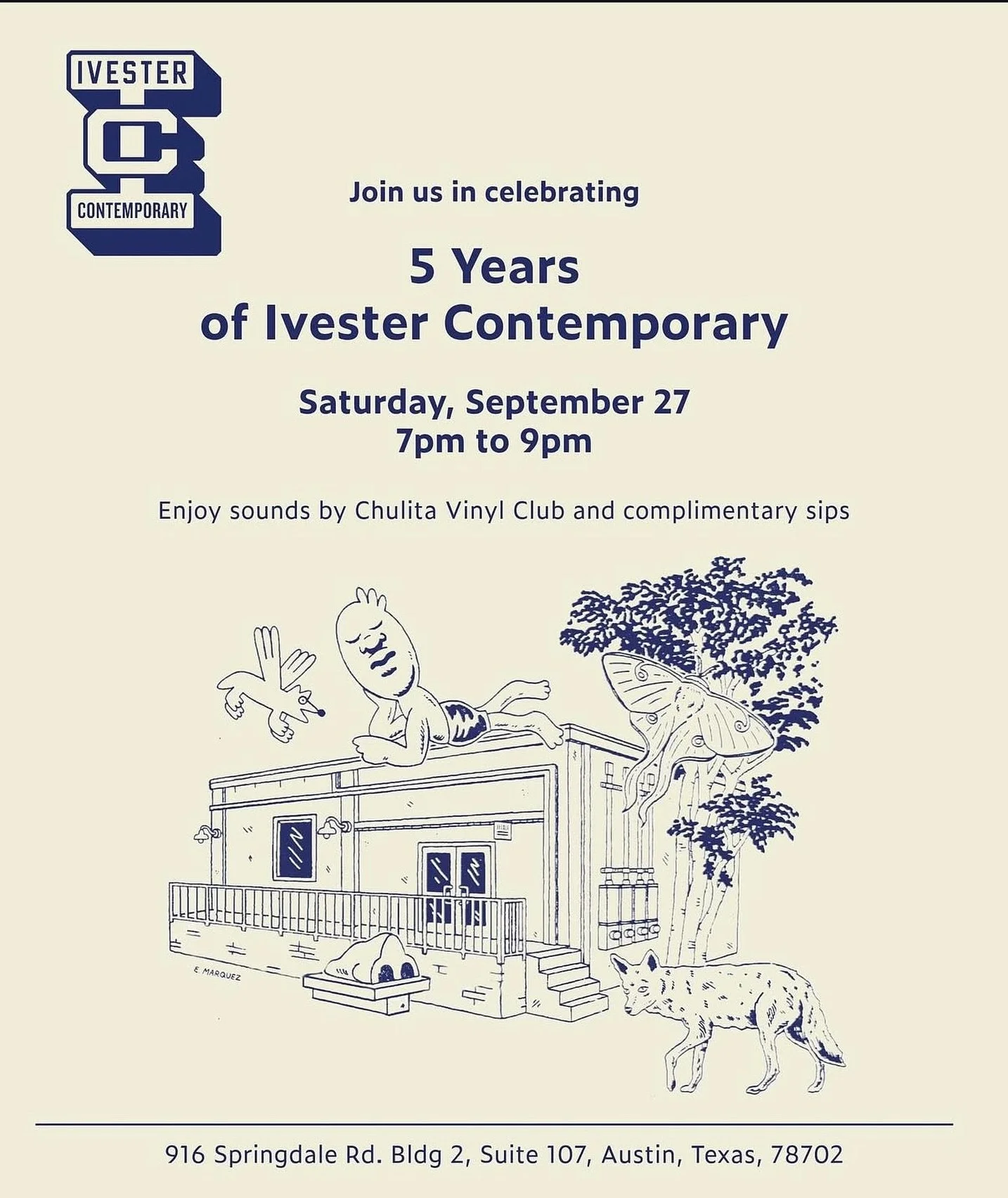 Celebrate 5 years of Ivester Contemporary this Saturday, Sept. 27th! 🎉 Enjoy tunes by @chulitavinylclub 🎵 plus complimentary sips ⭐️ 7:00pm - 9:00pm 

📍916 Springdale Rd, Bldg 2 #107
.
.
.
.

#ivestercontemporary #canopyaustin #austinarts