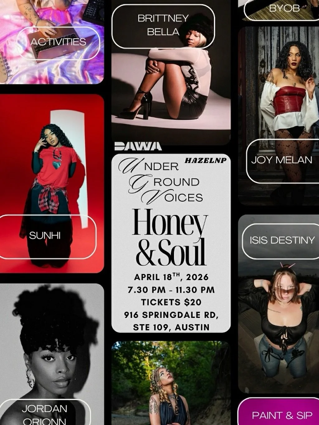 Tonight at @dawaheals: Honey &amp; Soul: Underground Voices, hosted by @all_our_reasons.
7:30&ndash;11:30 PM &middot; $20
916 Springdale Rd, Ste 109 📍

With:
@thebrittneybella
@isisxdestiny
@sunhi_official
@jordanorionn

Vendor: @fuse.theworld 

See