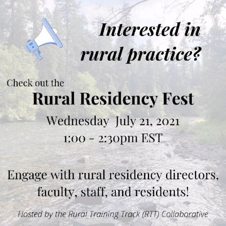 🌟 If you're interested in rural practice, make sure you check out the Rural Residency Fest! You can talk to rural programs all over the country. 

Check out the Rural Training Track's website for more information and to register!

https://rttcollabo
