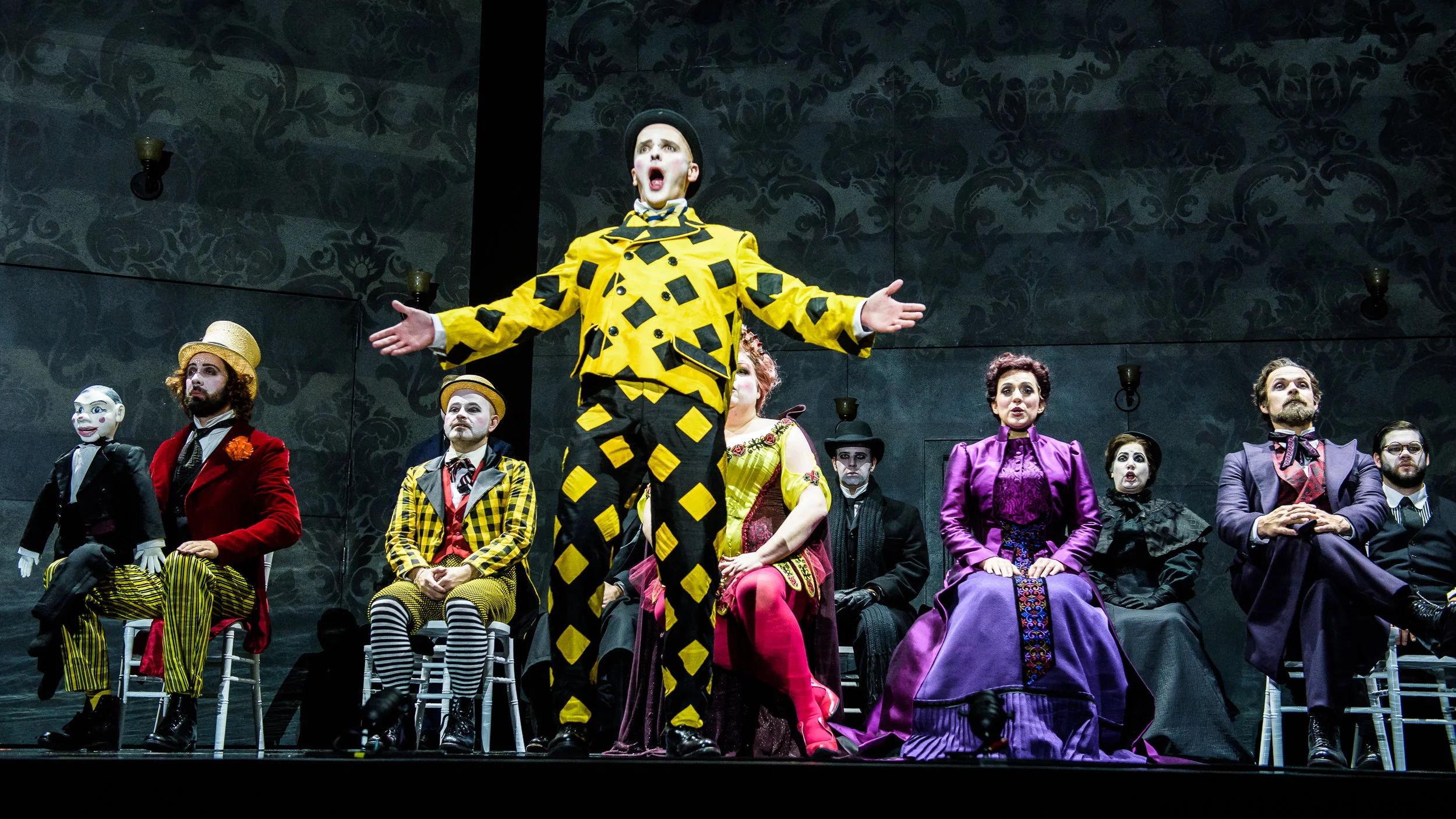 As Dan Leno (with the full company) in the world premiere of ELIZABETH CREE. Opera Philadelphia, 2017. Photo by Steve Pisano.