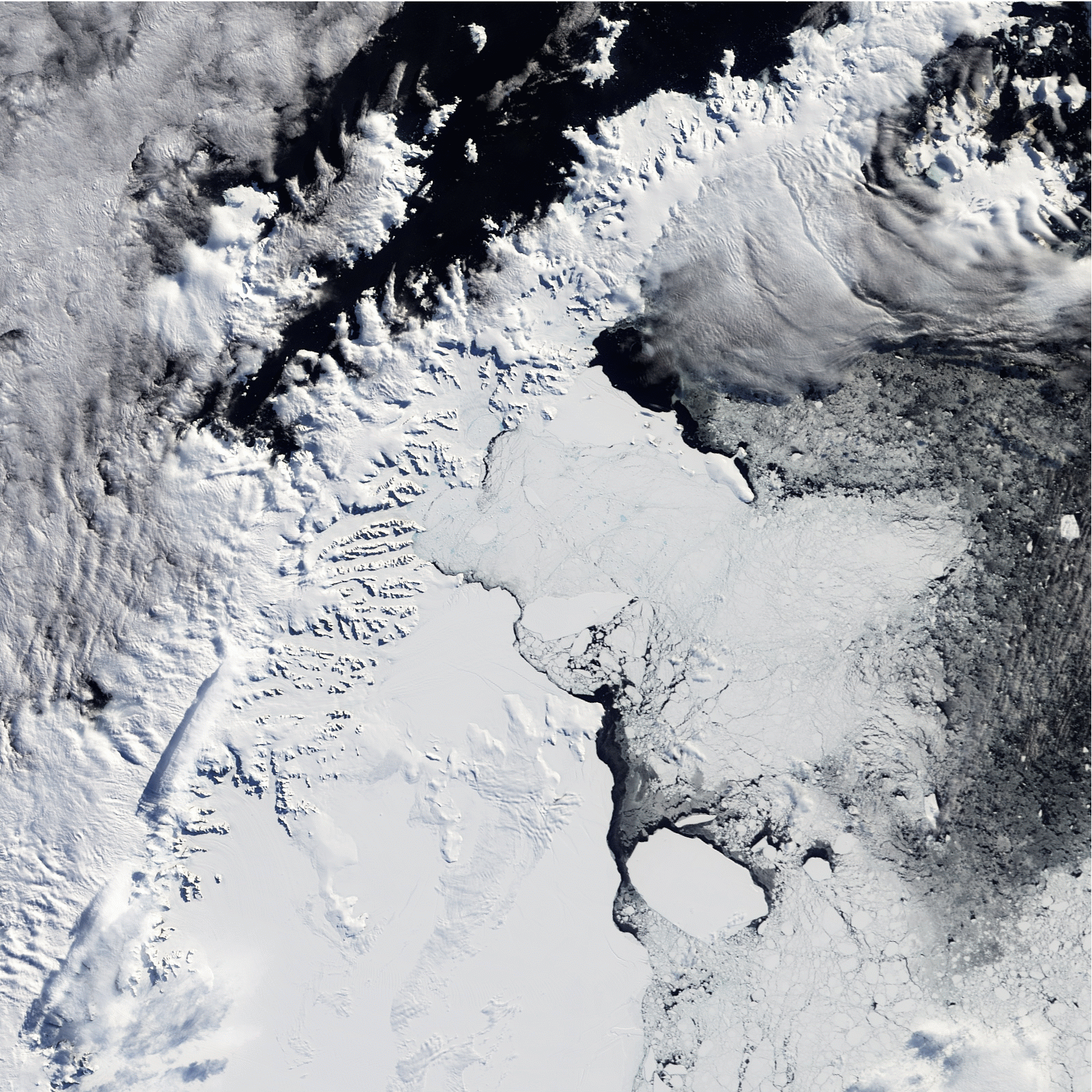 Collapse of the Larsen B Ice Shelf in Antarctica. Source: NASA