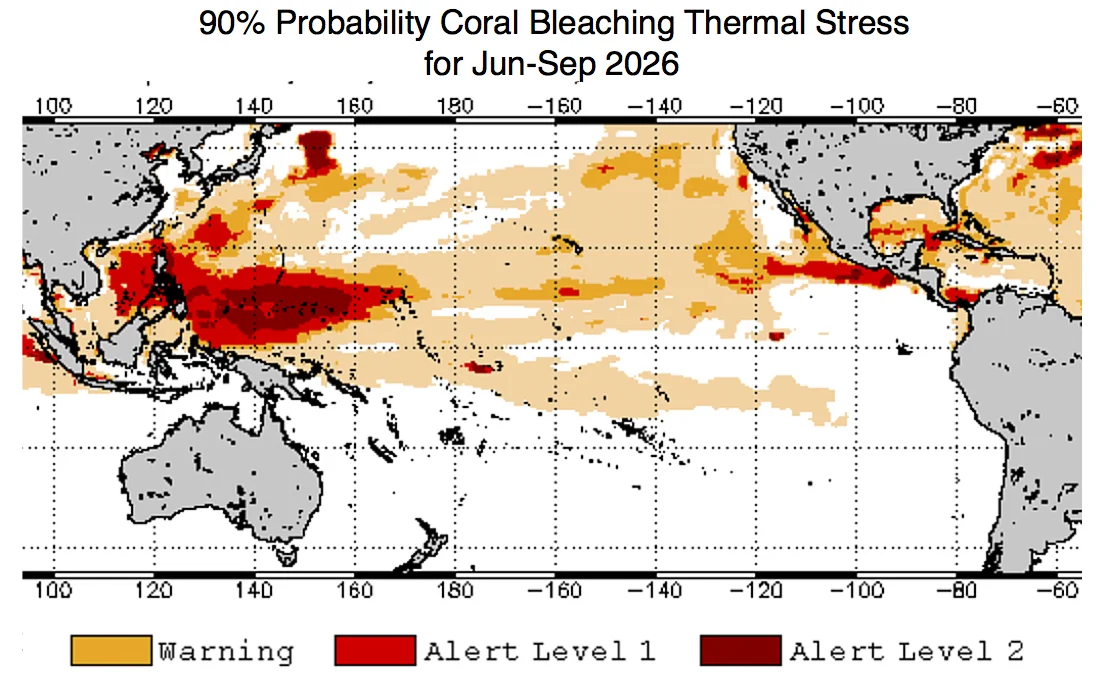 Coral reefs in the Federated States of Micronesia and the Republic of the Marshall Islands are threatened. Source: NOAA Coral Reef Watch