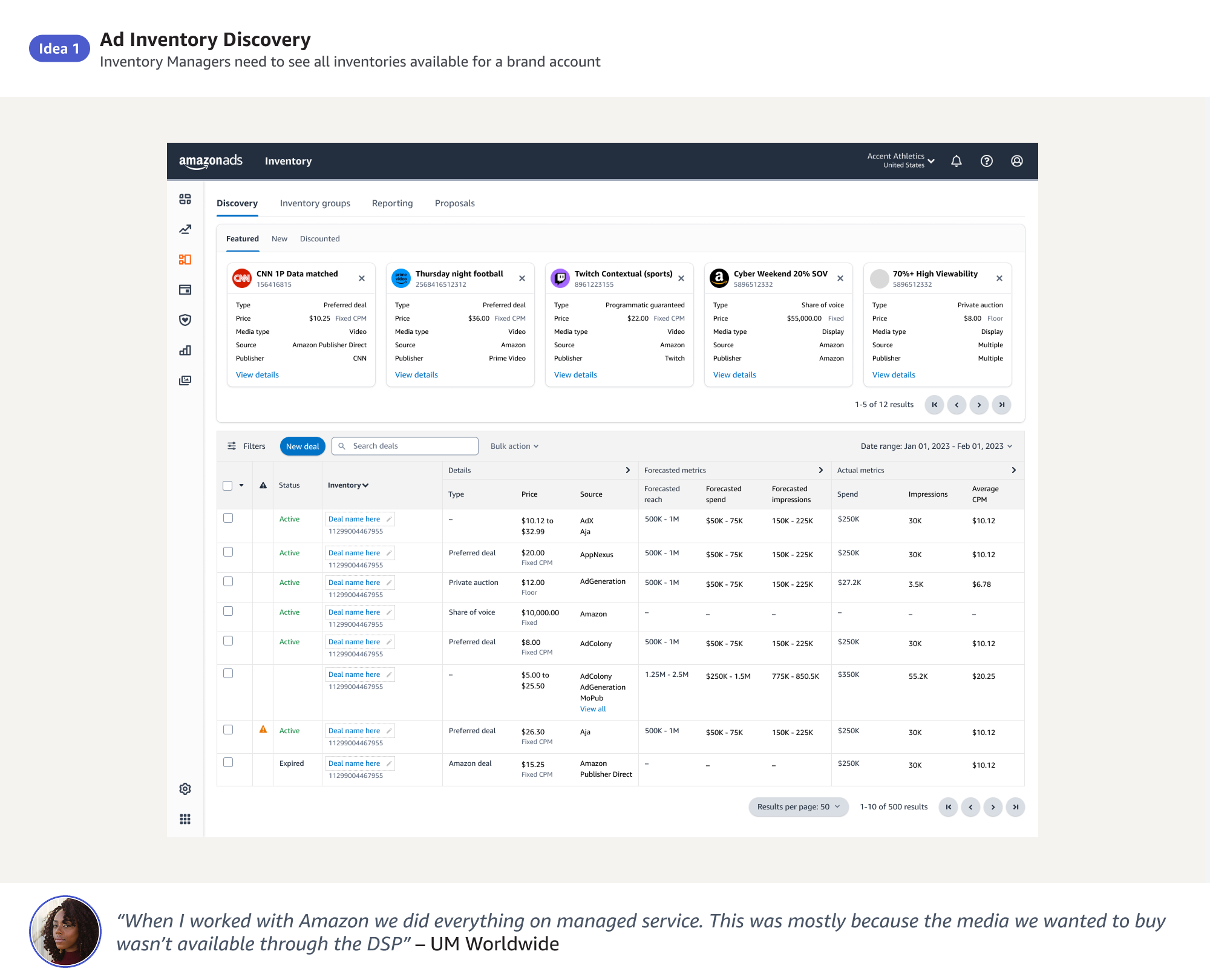  I designed a net new centralized inventory catalog within Amazon DSP to help ad buyers discover, browse, and compare available deals across multiple supply sources.  A table-based view with standardized metadata (pricing, supply source, reach etc.),